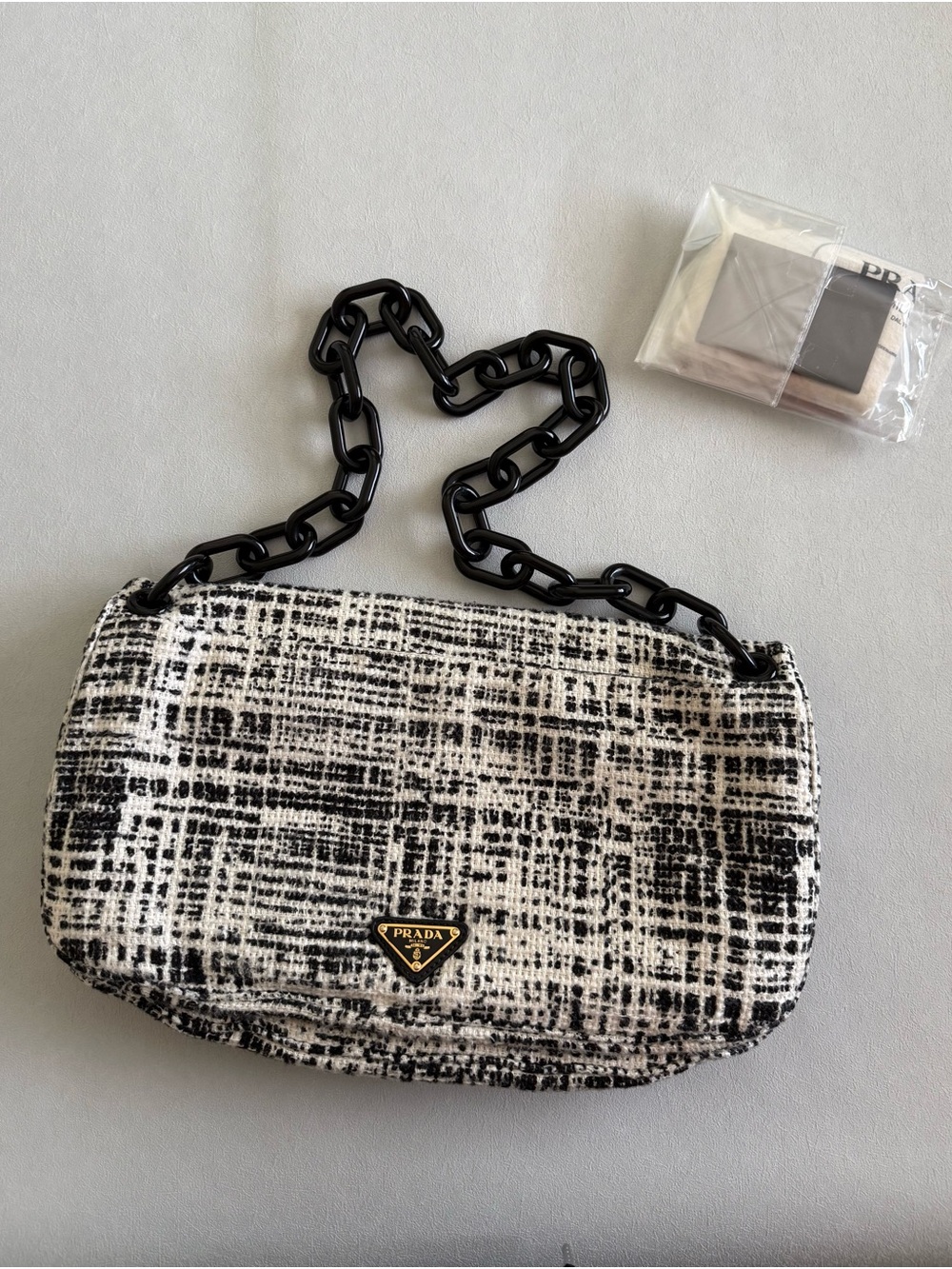 Prada Black & White Tweed Shoulder Bag with Chain Strap